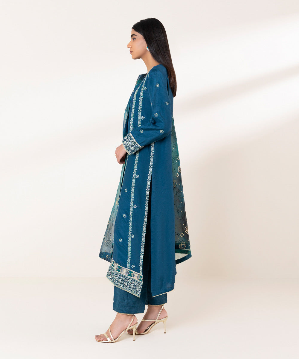 3 Piece - Embroidered Raw Silk Suit