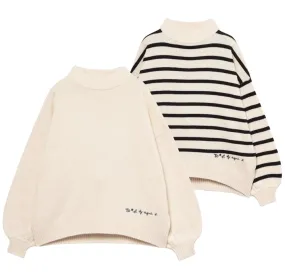 Agnes b  |Stripes Long Sleeves Plain Cotton Logo V-neck & Crew neck