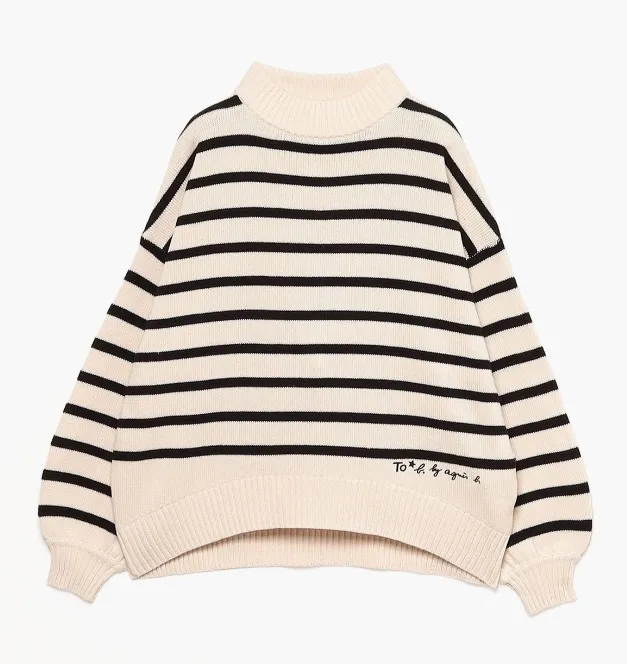 Agnes b  |Stripes Long Sleeves Plain Cotton Logo V-neck & Crew neck