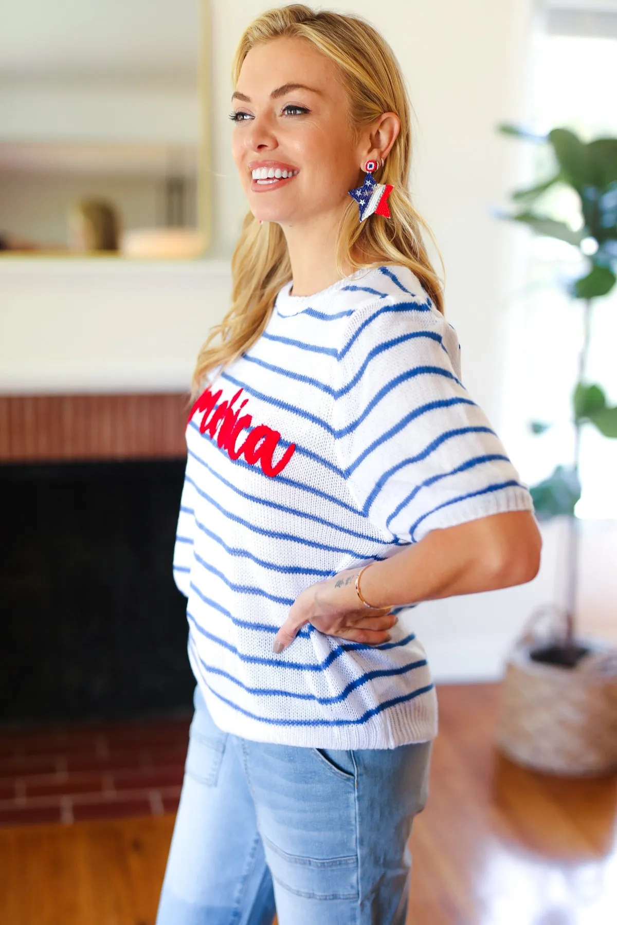 America Proud Blue Striped Embroidered Puff Sleeve Top