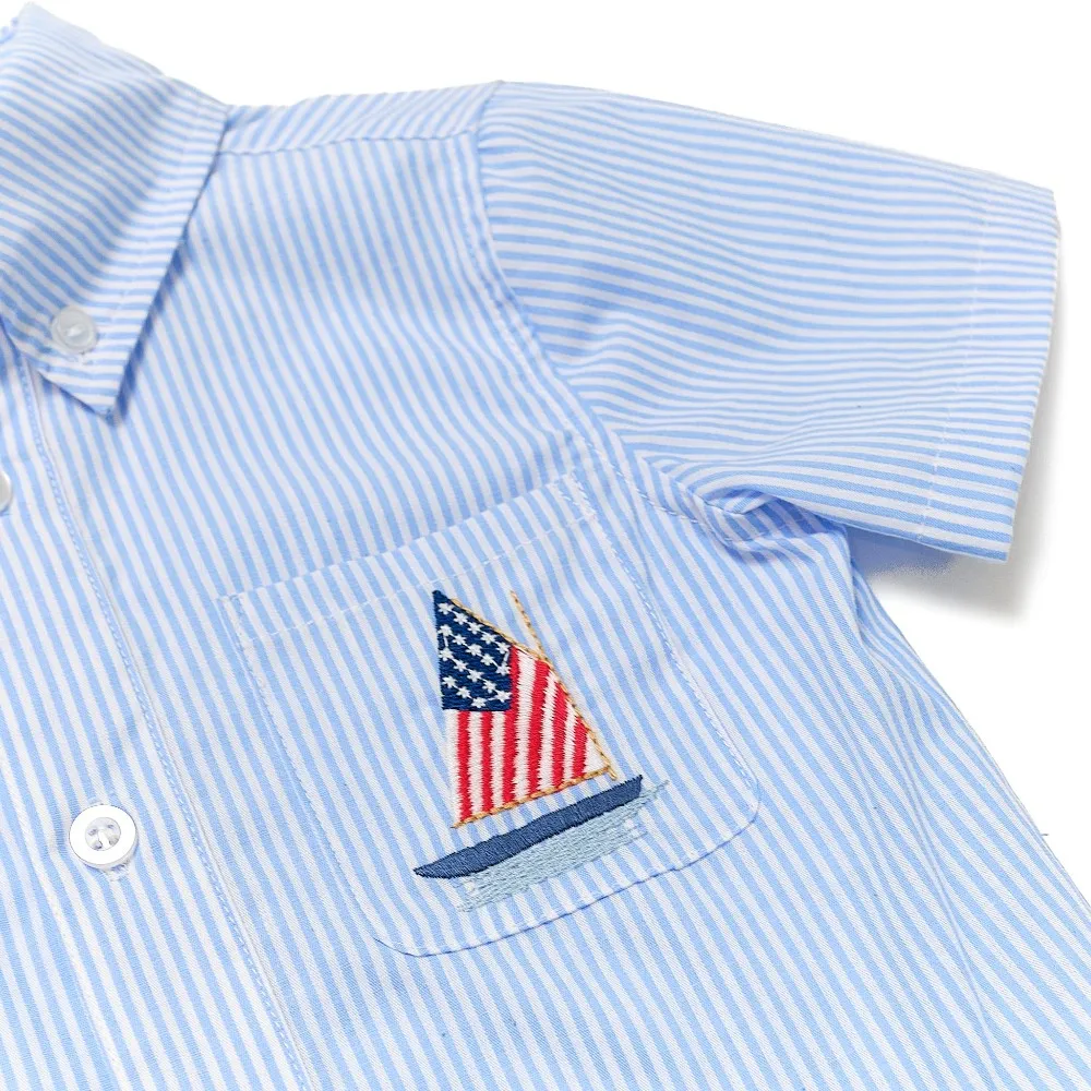 Americana Embroidered Shirt in Blue + White Stripe