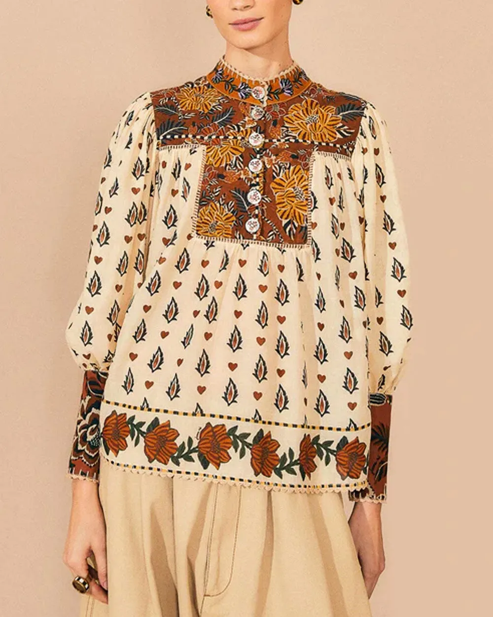 Beige Ainika Floral Long Sleeve Blouse