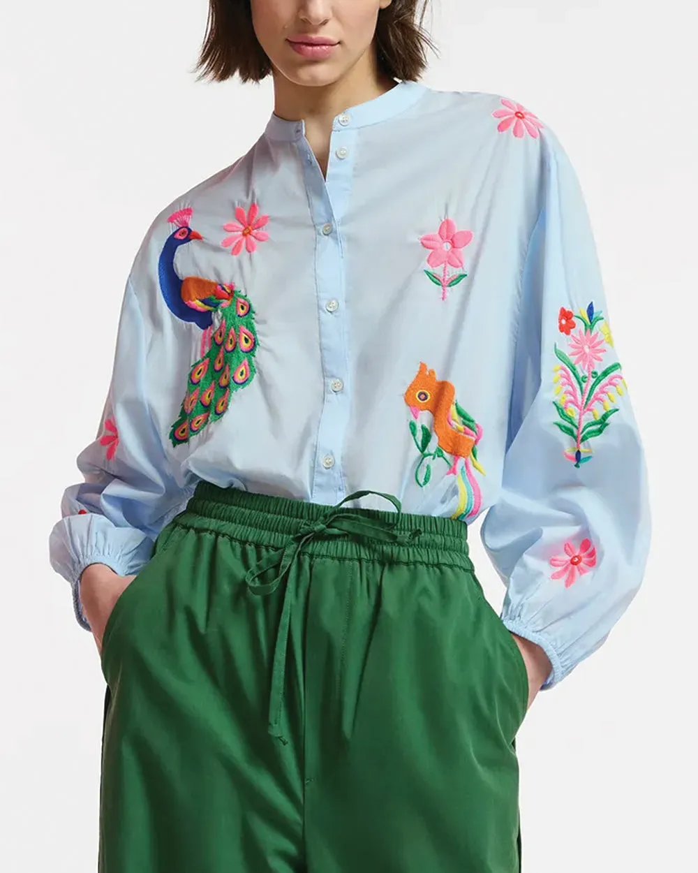 Blue Embroidered Button Front Felhi Shirt