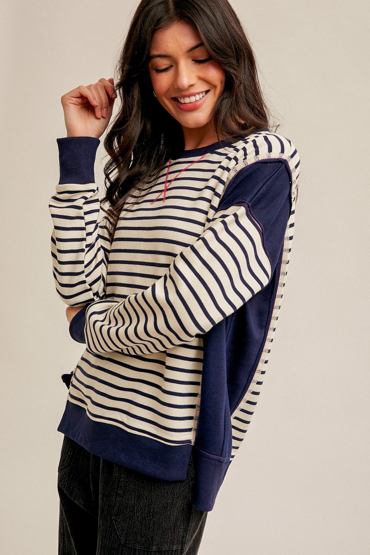 French Terry Stripe Mix Oversized Pullover