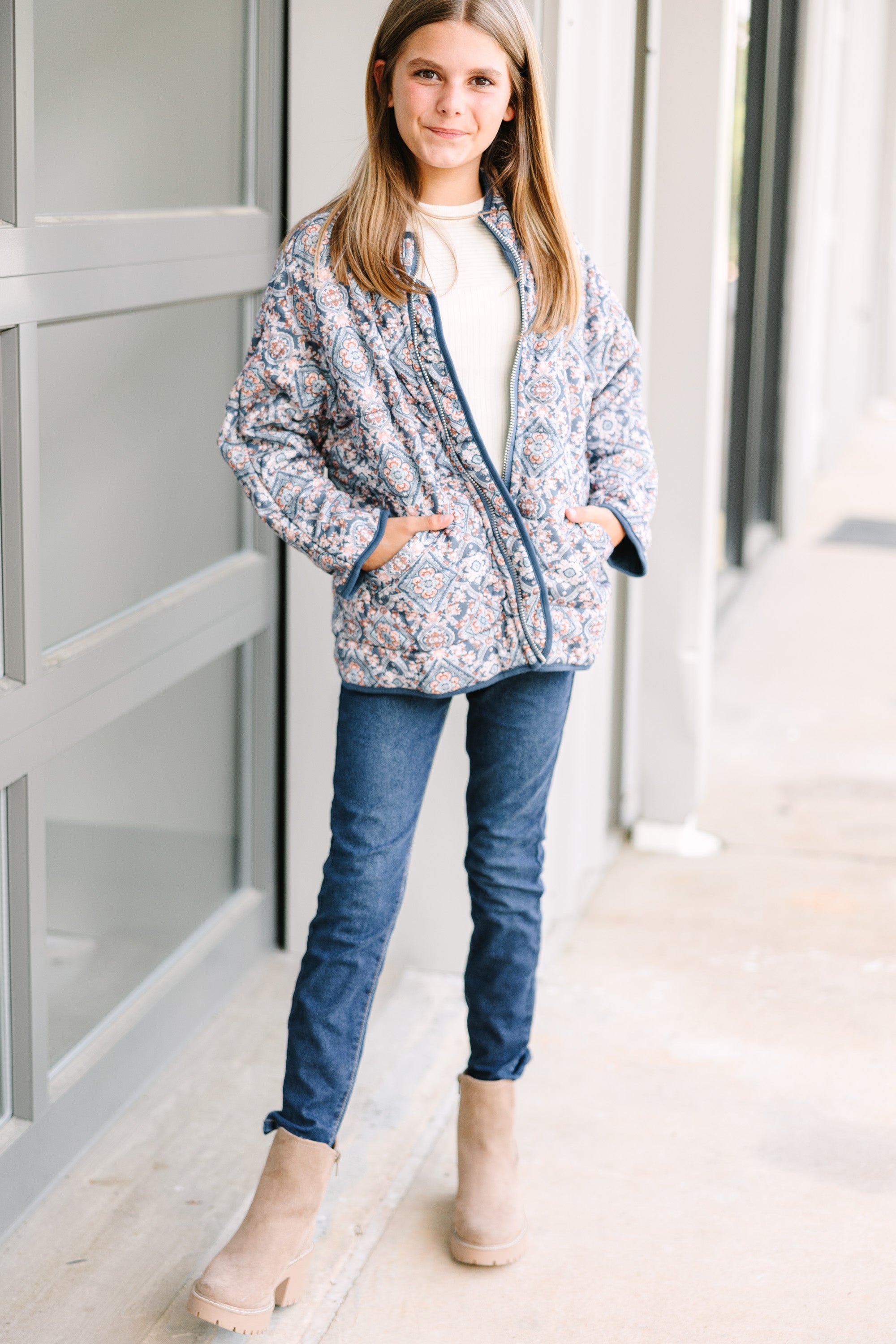 Girls: See It Through Blue Paisley Quilted Jacket