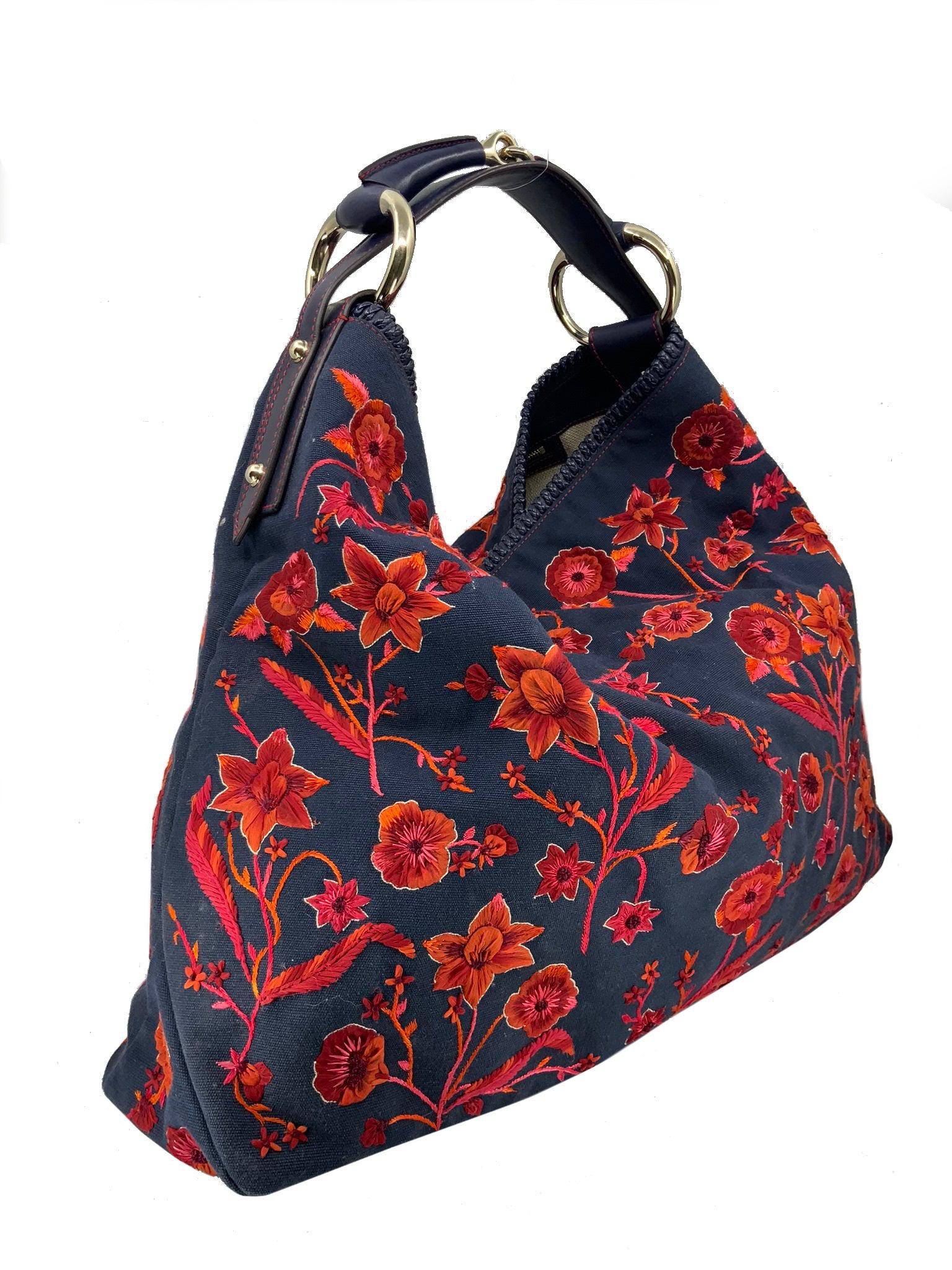 Gucci Floral Embroidered Canvas Large Horsebit Handle Hobo