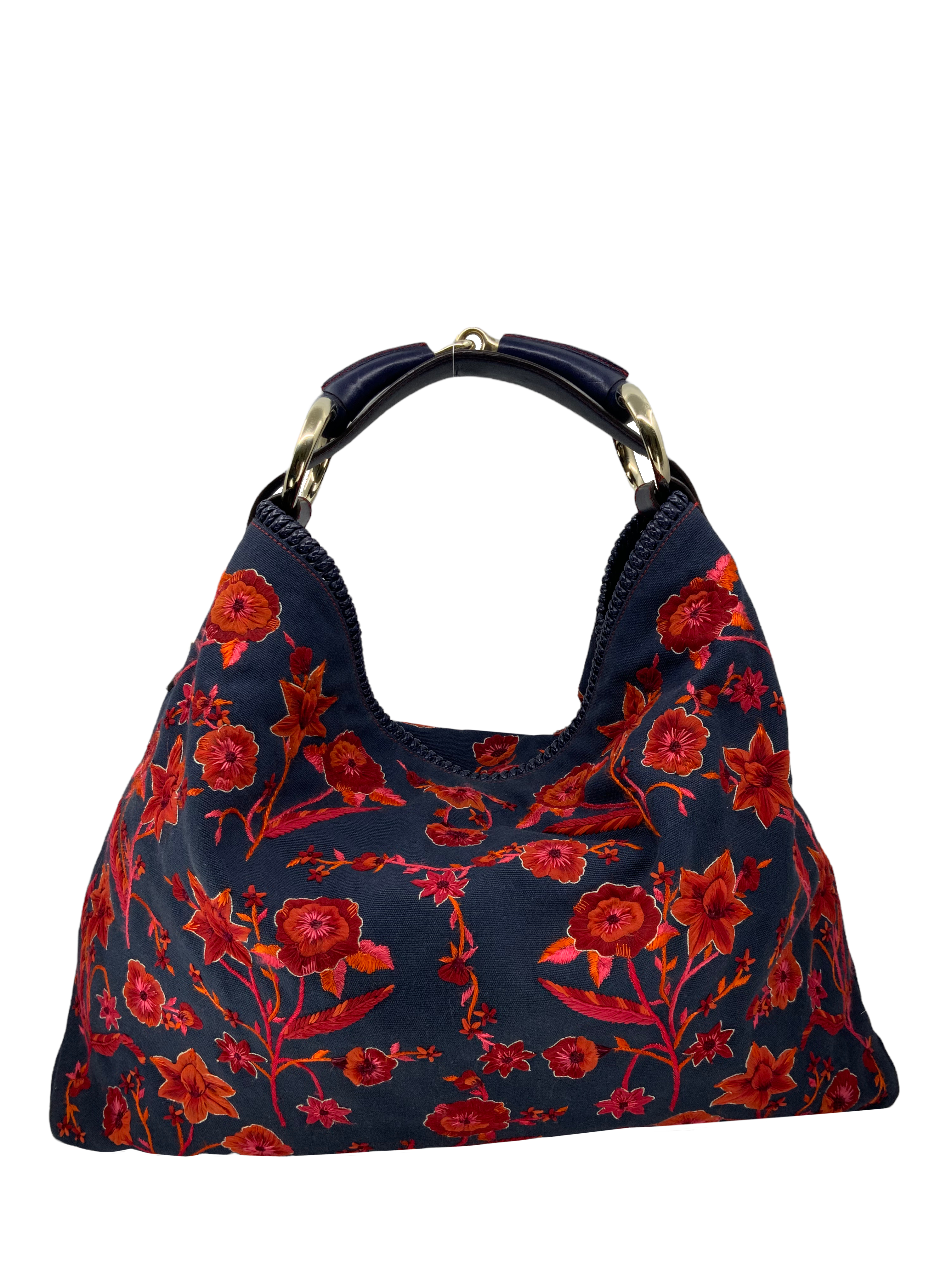 Gucci Floral Embroidered Canvas Large Horsebit Handle Hobo