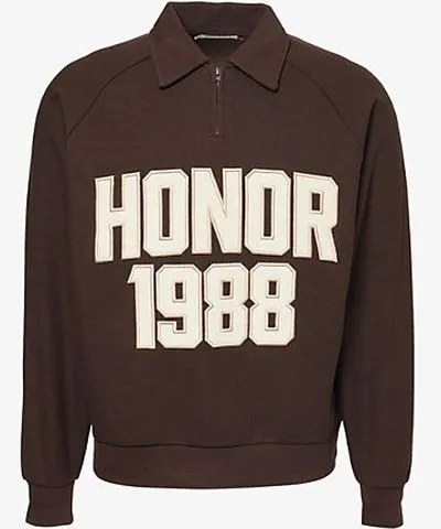 Honor The Gift Mens Brown Brand-patch spread-collar relaxed-fit woven-blend sweatshirt