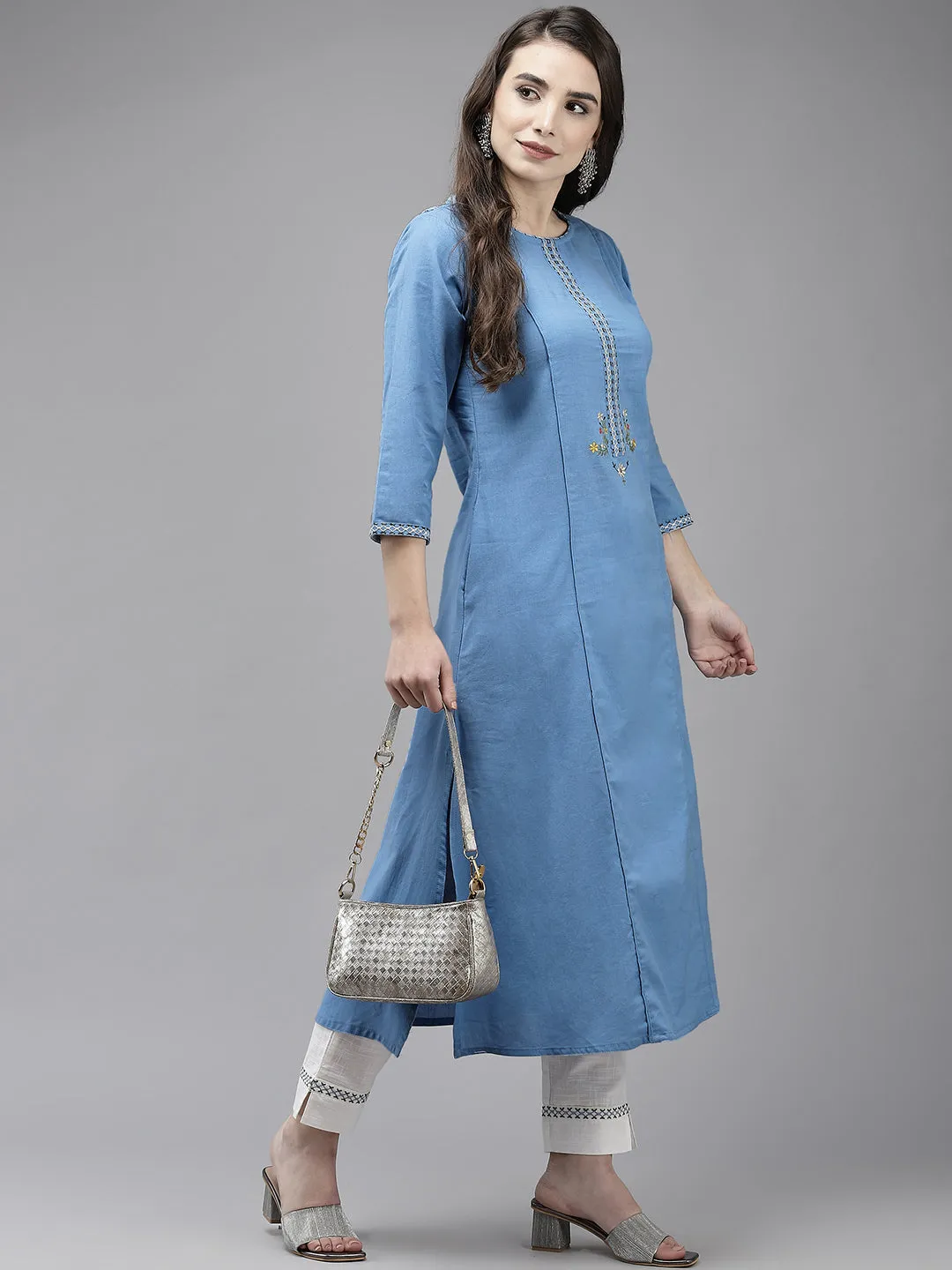 Ishin Women's Blue Back Embroidered A-Line Kurta with Trouser