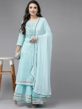 Ishin Women's Cotton Blue Embroidered A-Line Kurta with Sharara Dupatta Set