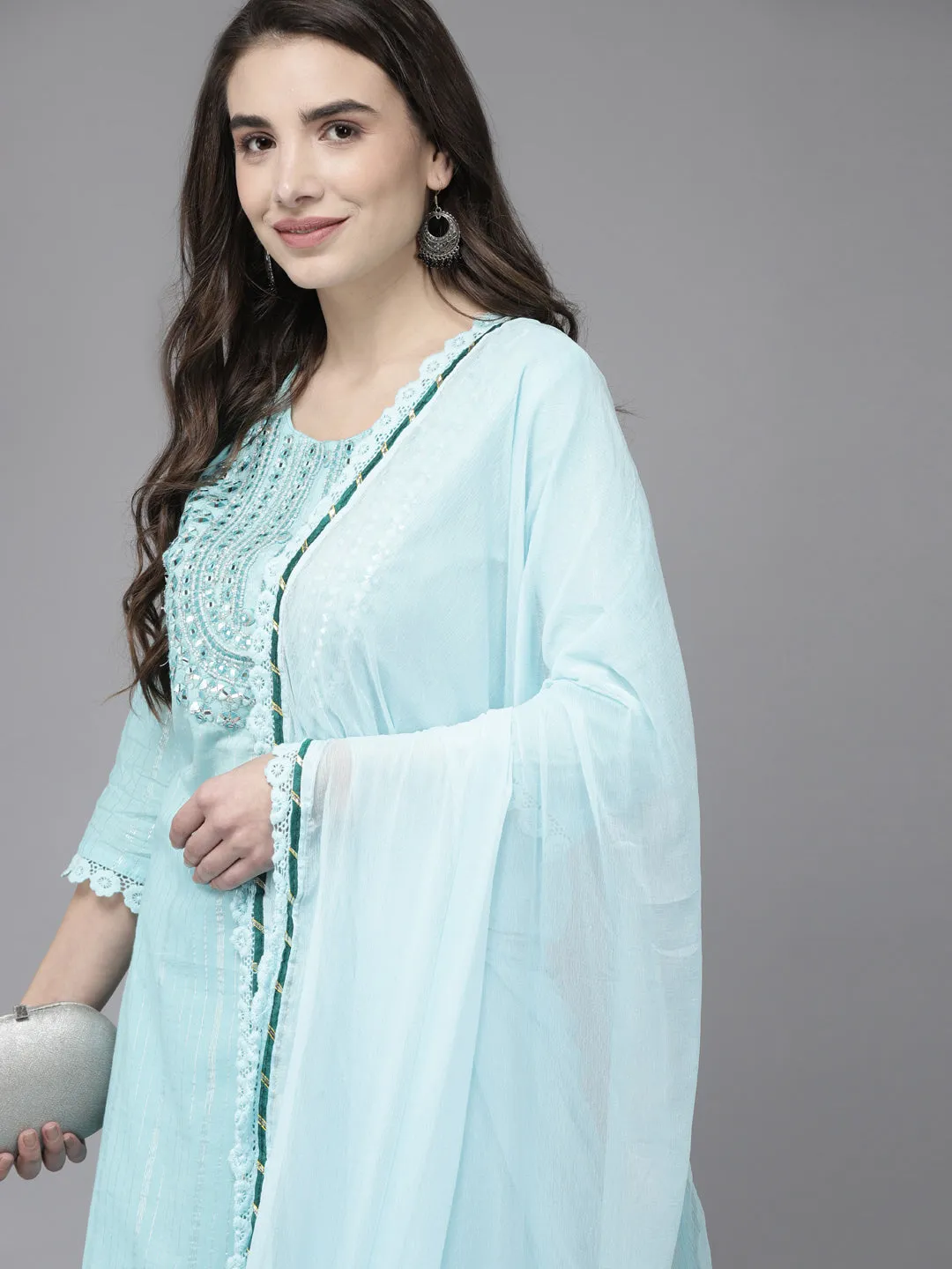 Ishin Women's Cotton Blue Embroidered A-Line Kurta with Sharara Dupatta Set