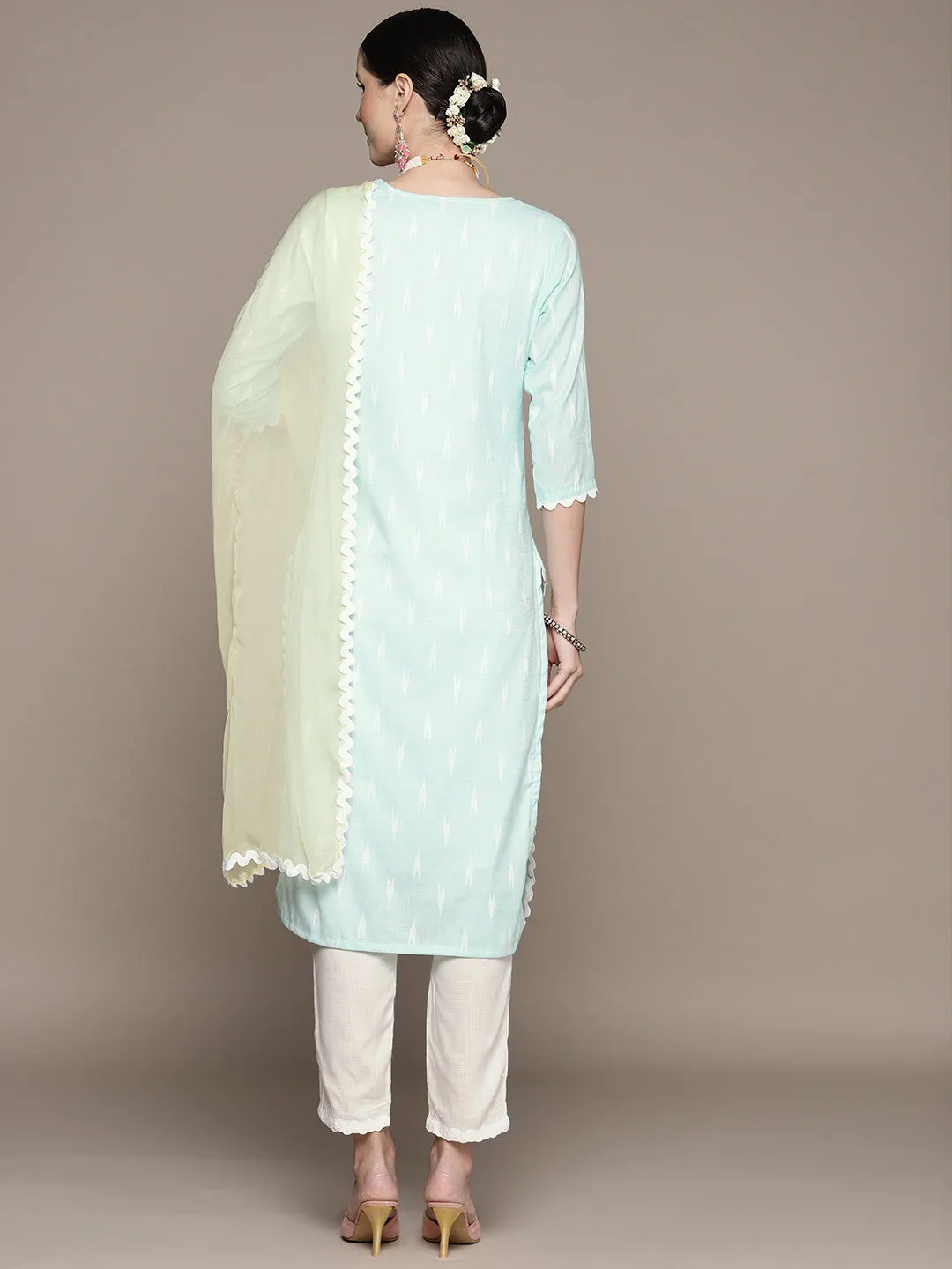 Ishin Women's Sea Blue Embroidered A-Line Kurta with Trouser & Dupatta