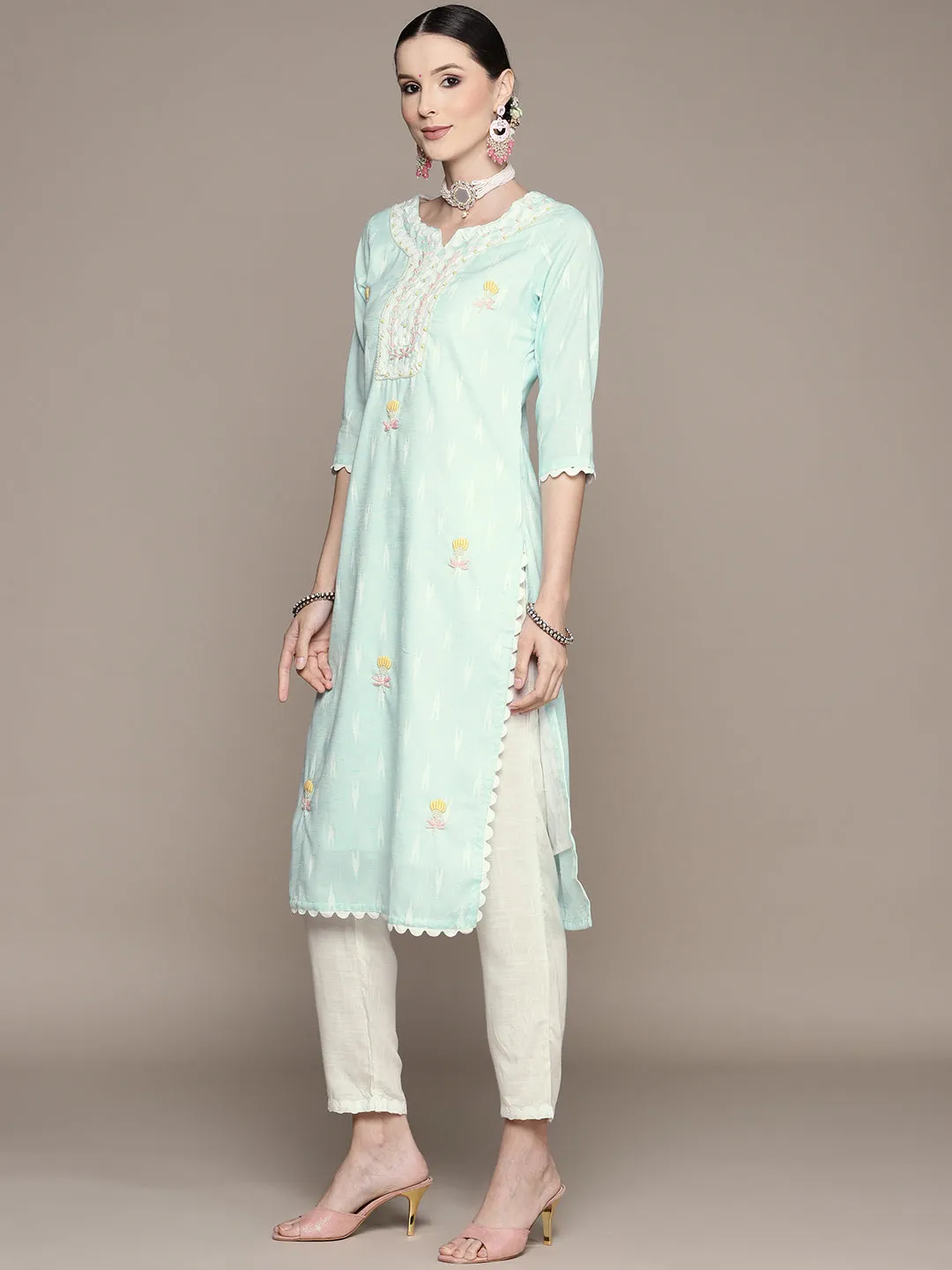 Ishin Women's Sea Blue Embroidered A-Line Kurta with Trouser & Dupatta