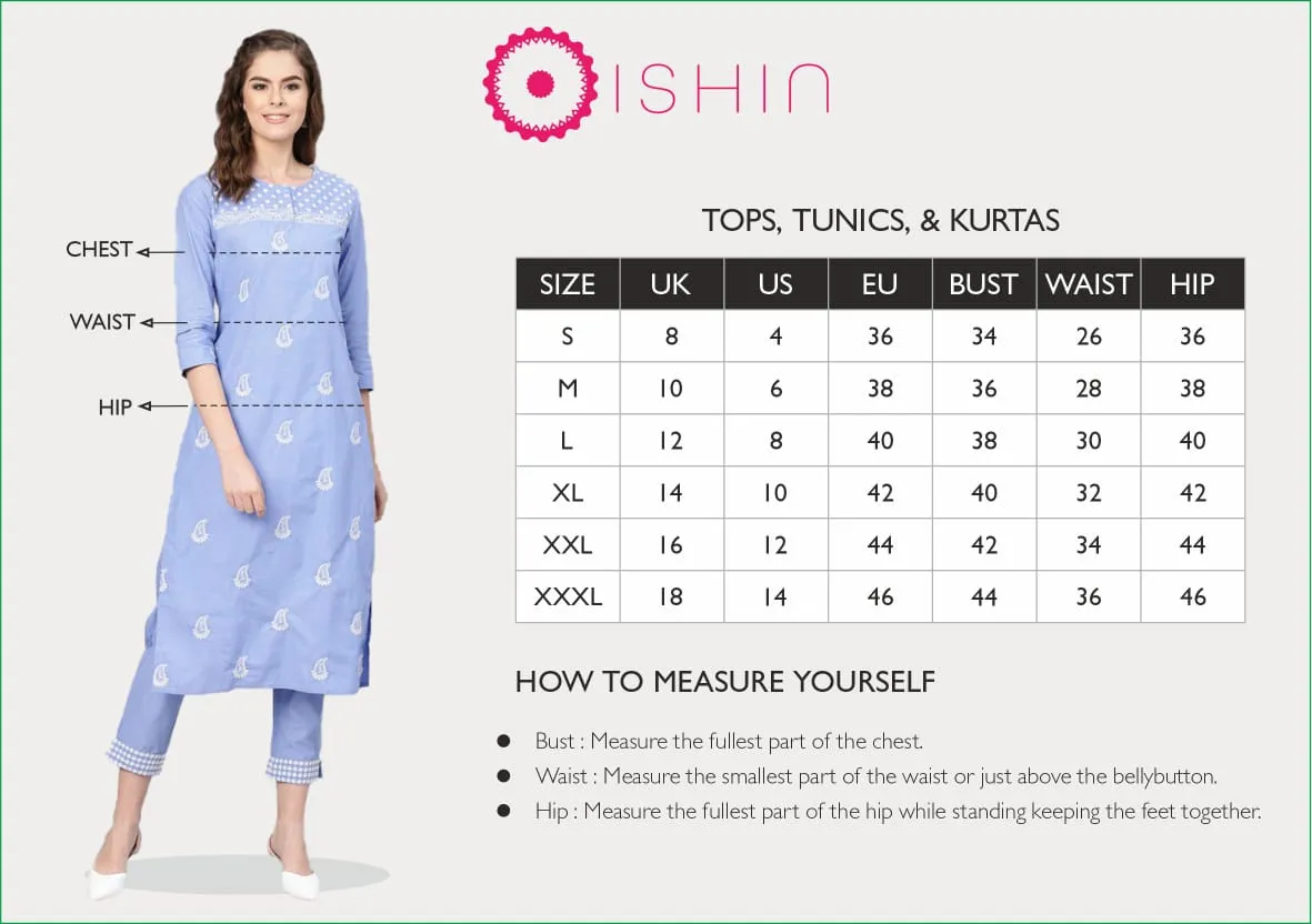 Ishin Women's Sea Blue Embroidered A-Line Kurta with Trouser & Dupatta