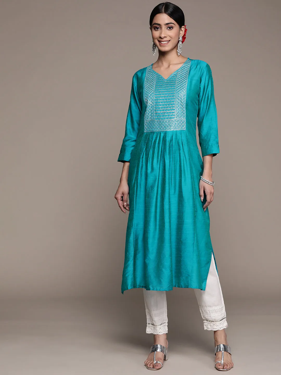 Ishin Women's Silk Blend Blue Embroidered A-Line Kurta