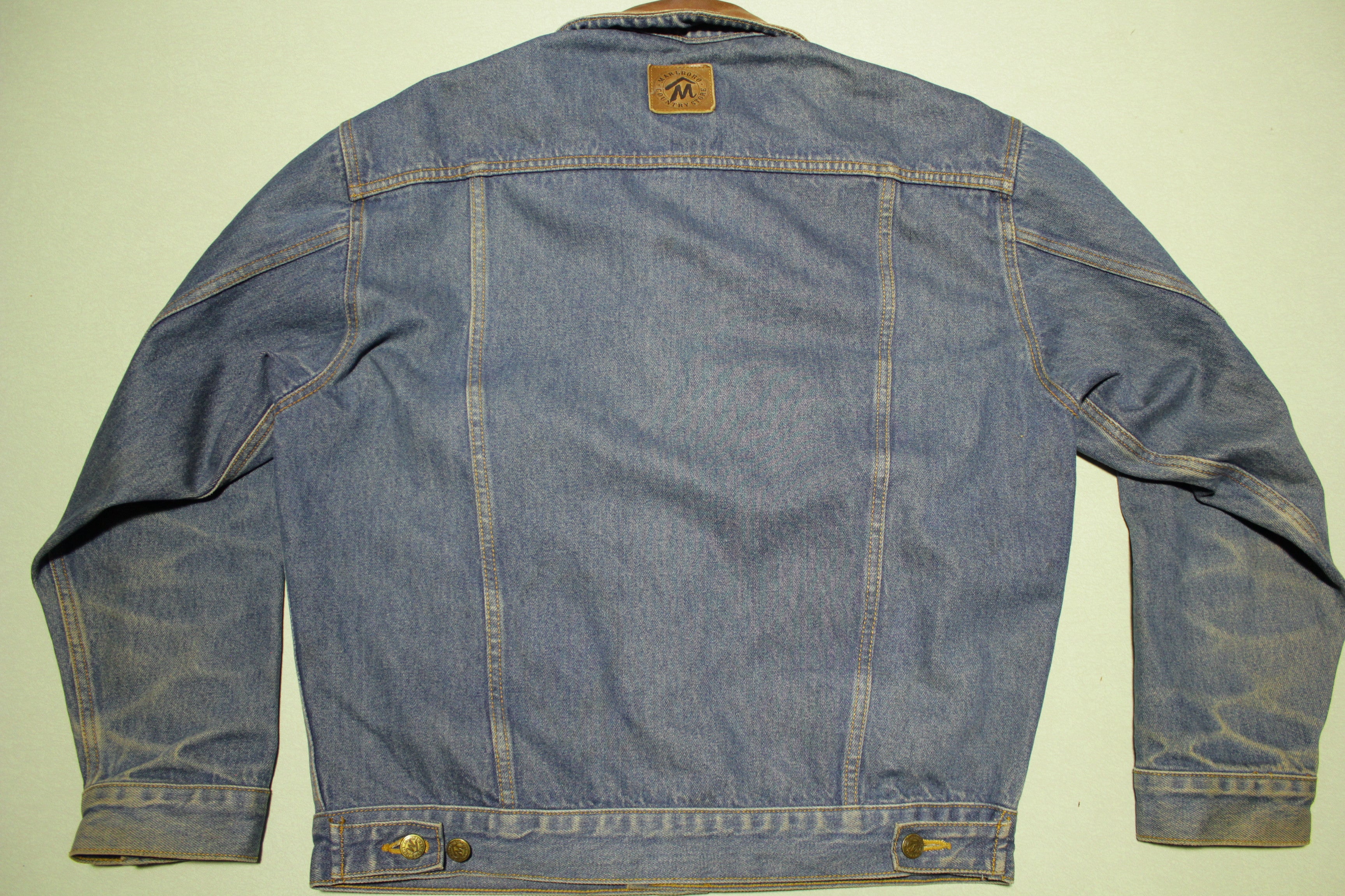 Marlboro Country Store Vintage Leather Collar Plaid Lining 90s Denim Jean Jacket