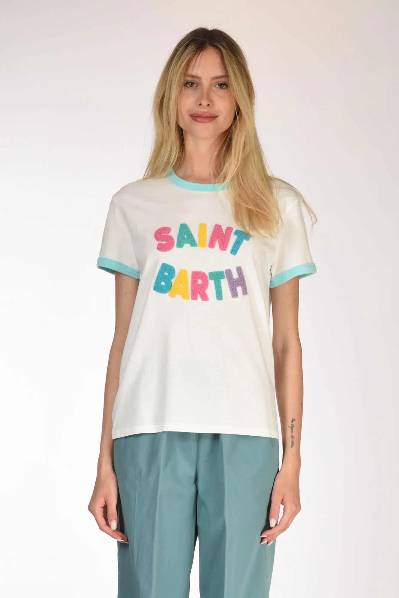 Mc2 Saint Barth Tshirt Scritta Bianco/multicolor Donna