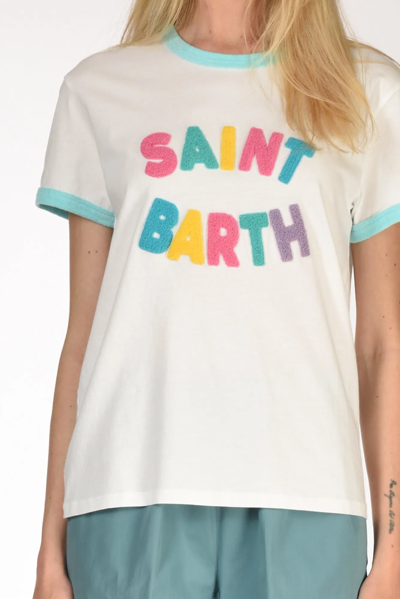 Mc2 Saint Barth Tshirt Scritta Bianco/multicolor Donna