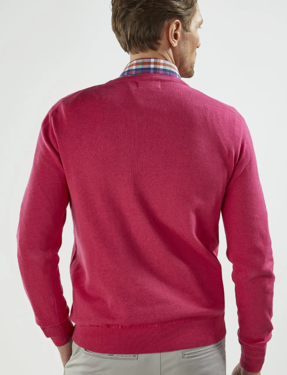 Men's Fine Gauge Cotton Crew Neck Jumper (4201 Beach Hut) pink round neck pullover sweater