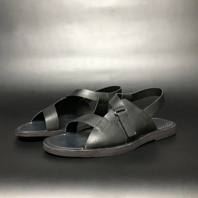 Men's Summer Genuine Leather Vintage Roman Hook Loop Casual Sandals