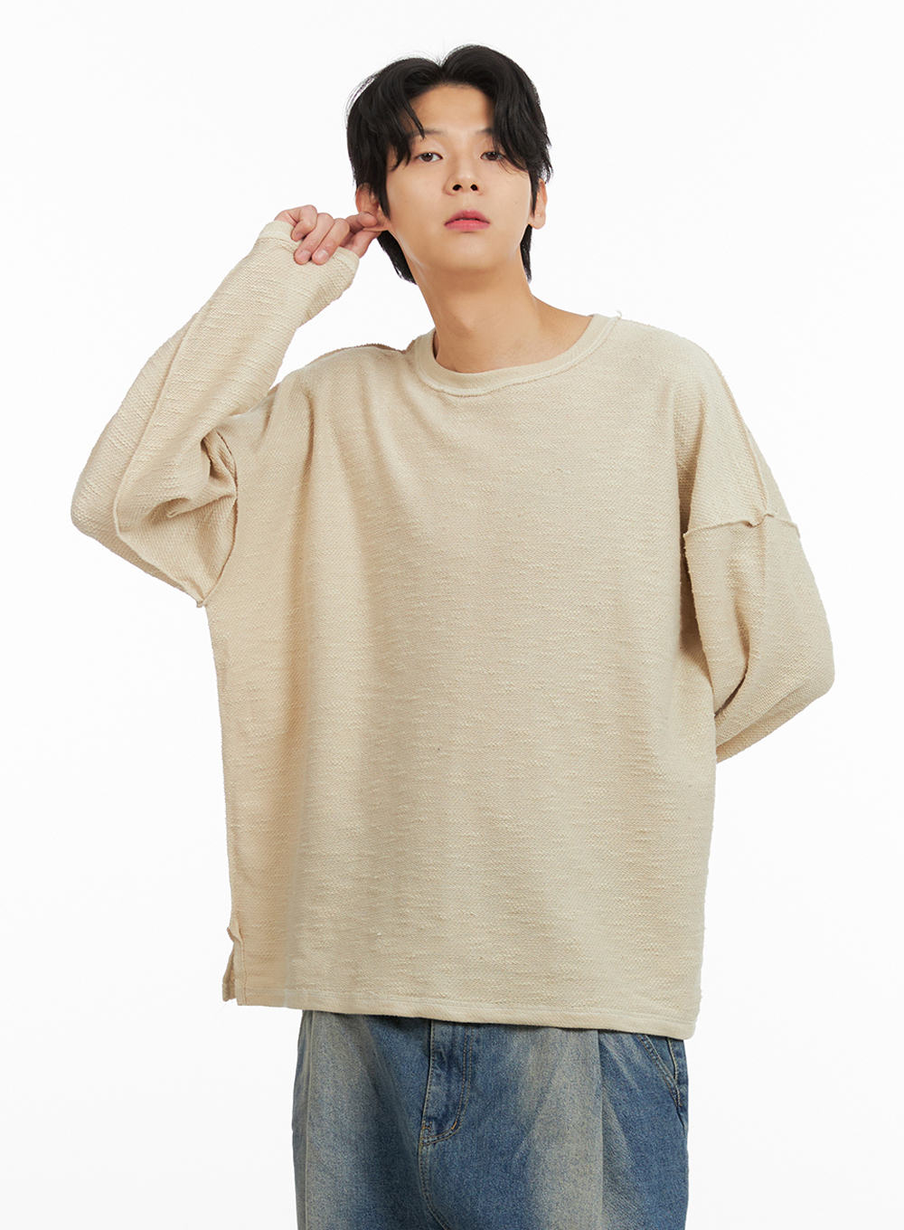 Men's Textured Crew Neck Long Sleeve Top IA402