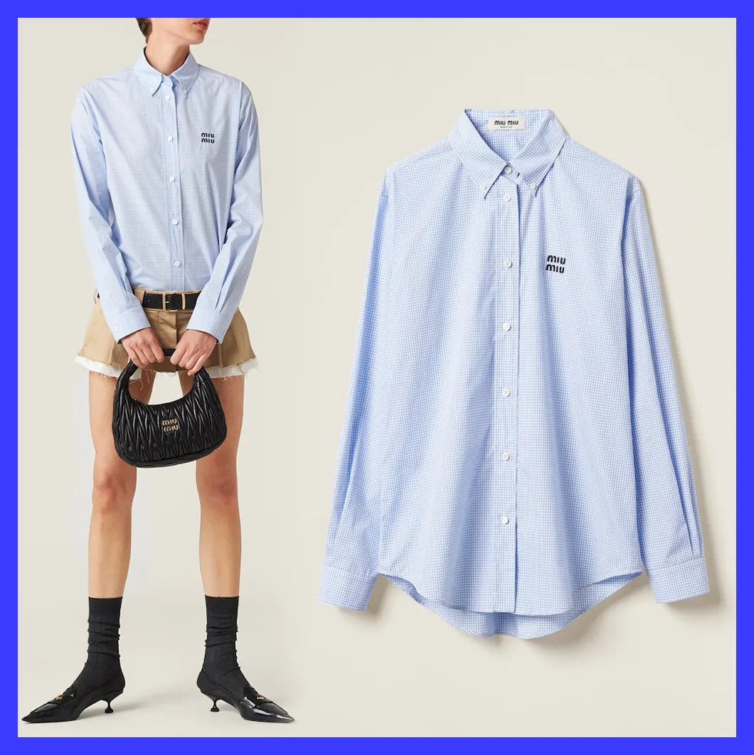 MiuMiu  |Gingham Casual Style Long Sleeves Cotton Elegant Style Logo