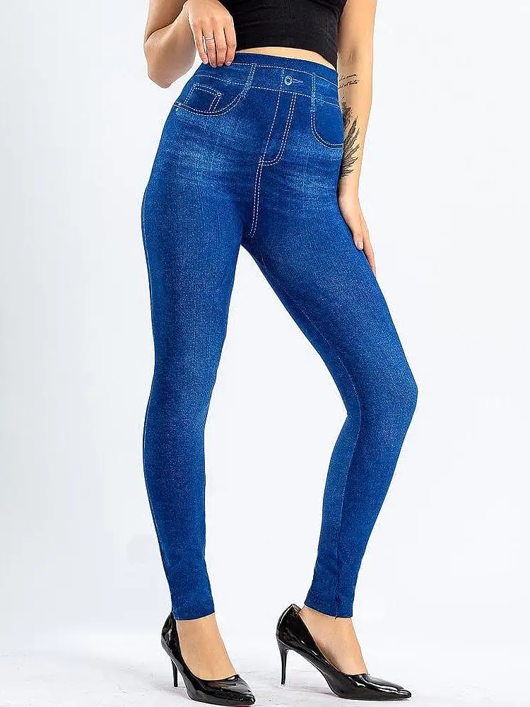 Modern High Waist Faux Denim Leggings for Women, Black and Blue