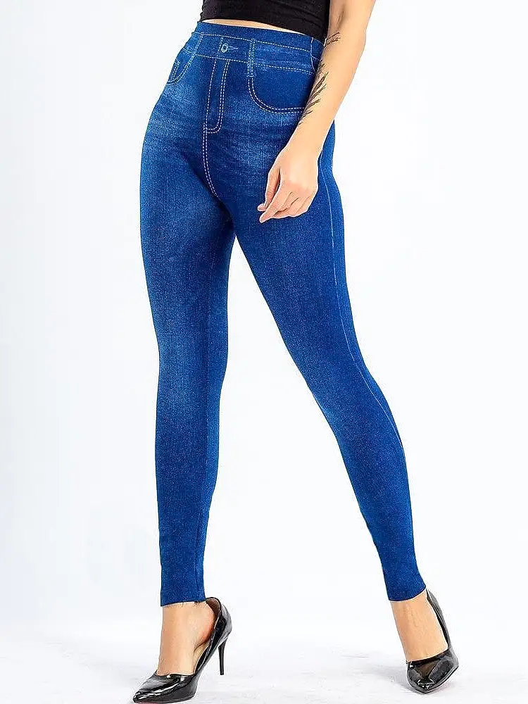 Modern High Waist Faux Denim Leggings for Women, Black and Blue