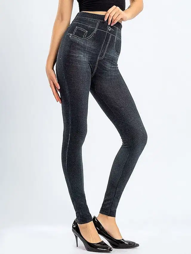 Modern High Waist Faux Denim Leggings for Women, Black and Blue