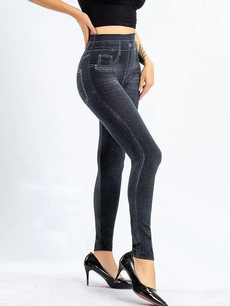 Modern High Waist Faux Denim Leggings for Women, Black and Blue