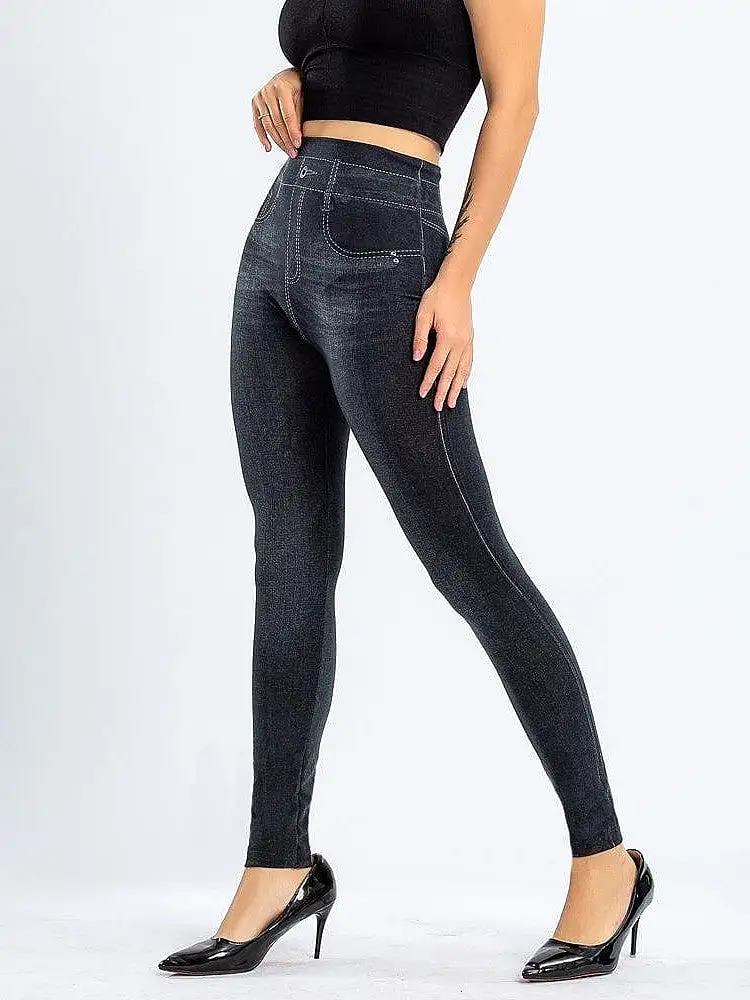 Modern High Waist Faux Denim Leggings for Women, Black and Blue