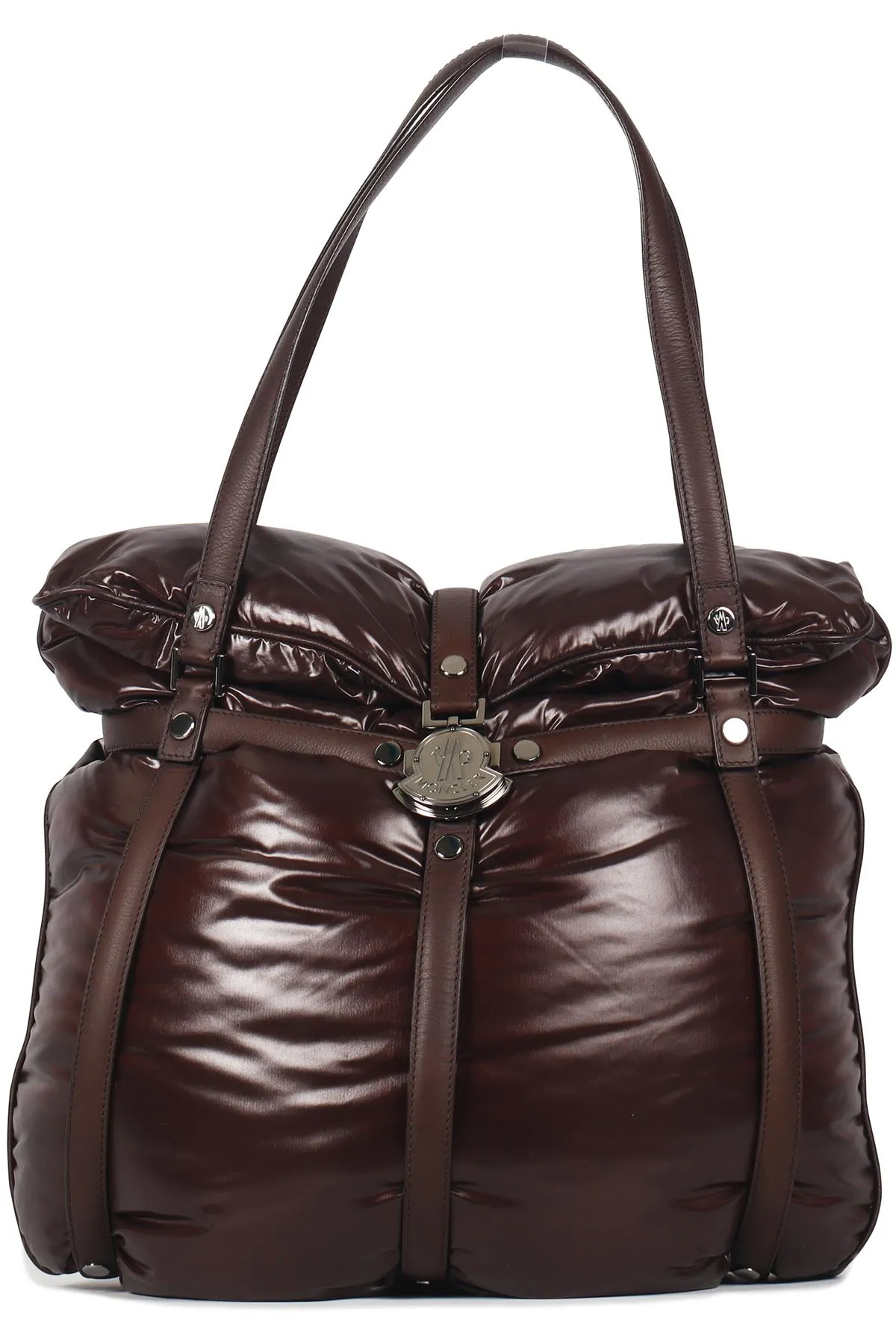 MONCLER BROWN LEATHER AND PADDED DOWN SHELL SHOULDER BAG