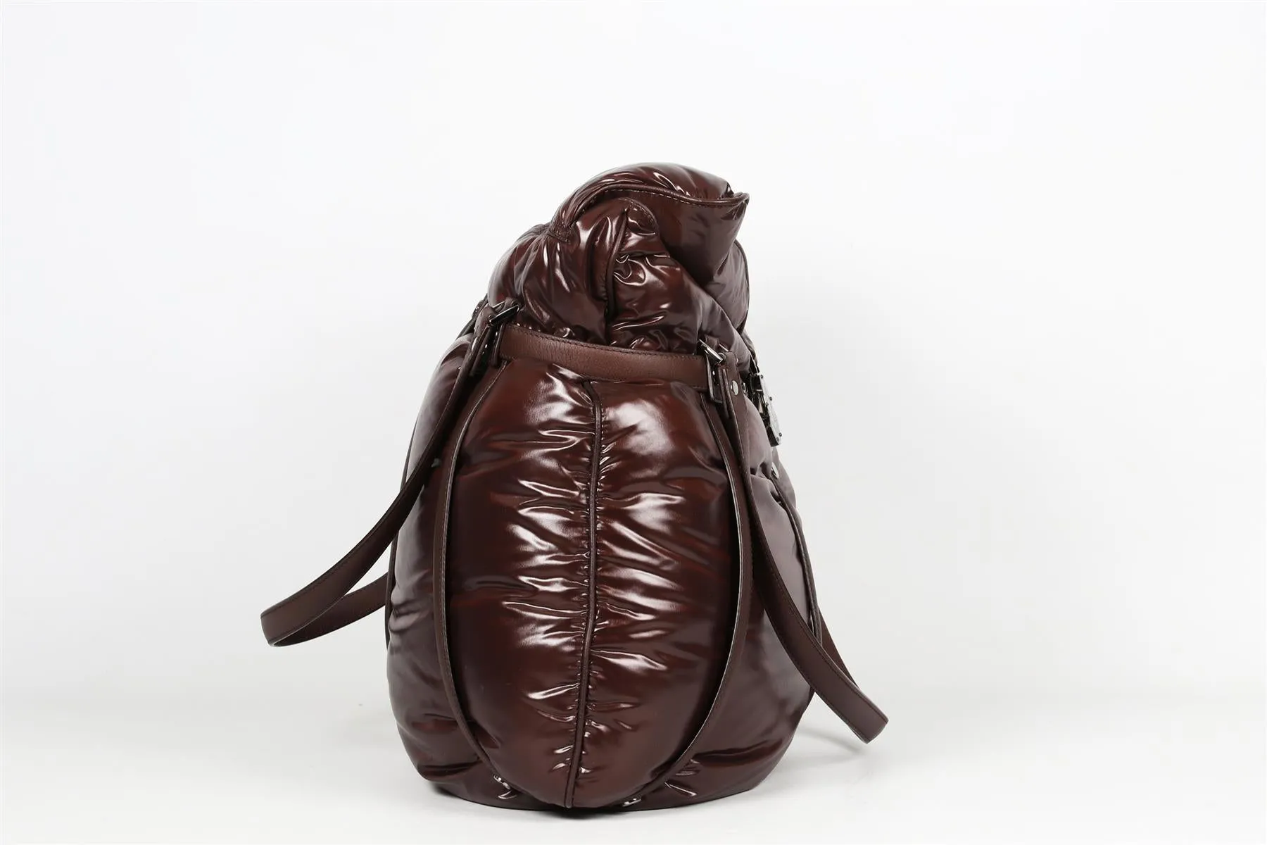 MONCLER BROWN LEATHER AND PADDED DOWN SHELL SHOULDER BAG