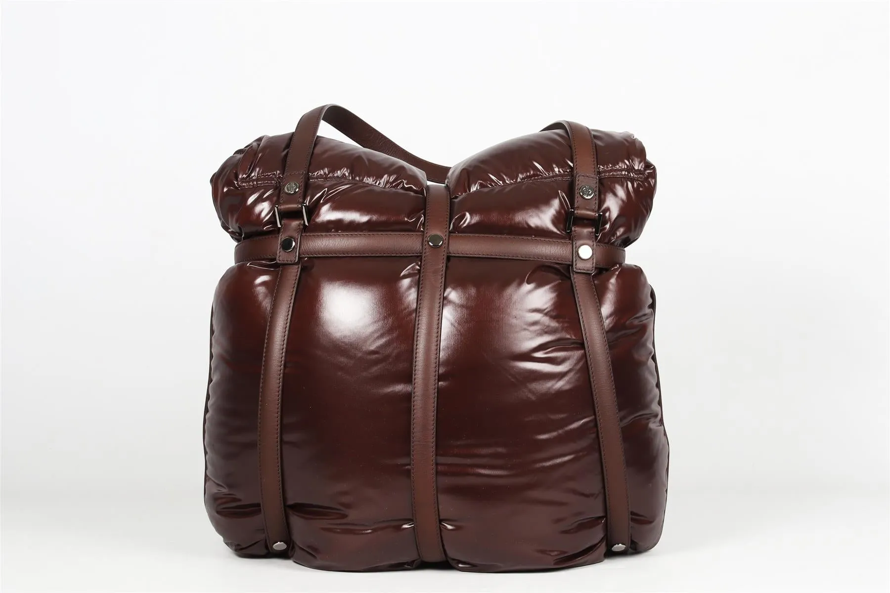 MONCLER BROWN LEATHER AND PADDED DOWN SHELL SHOULDER BAG