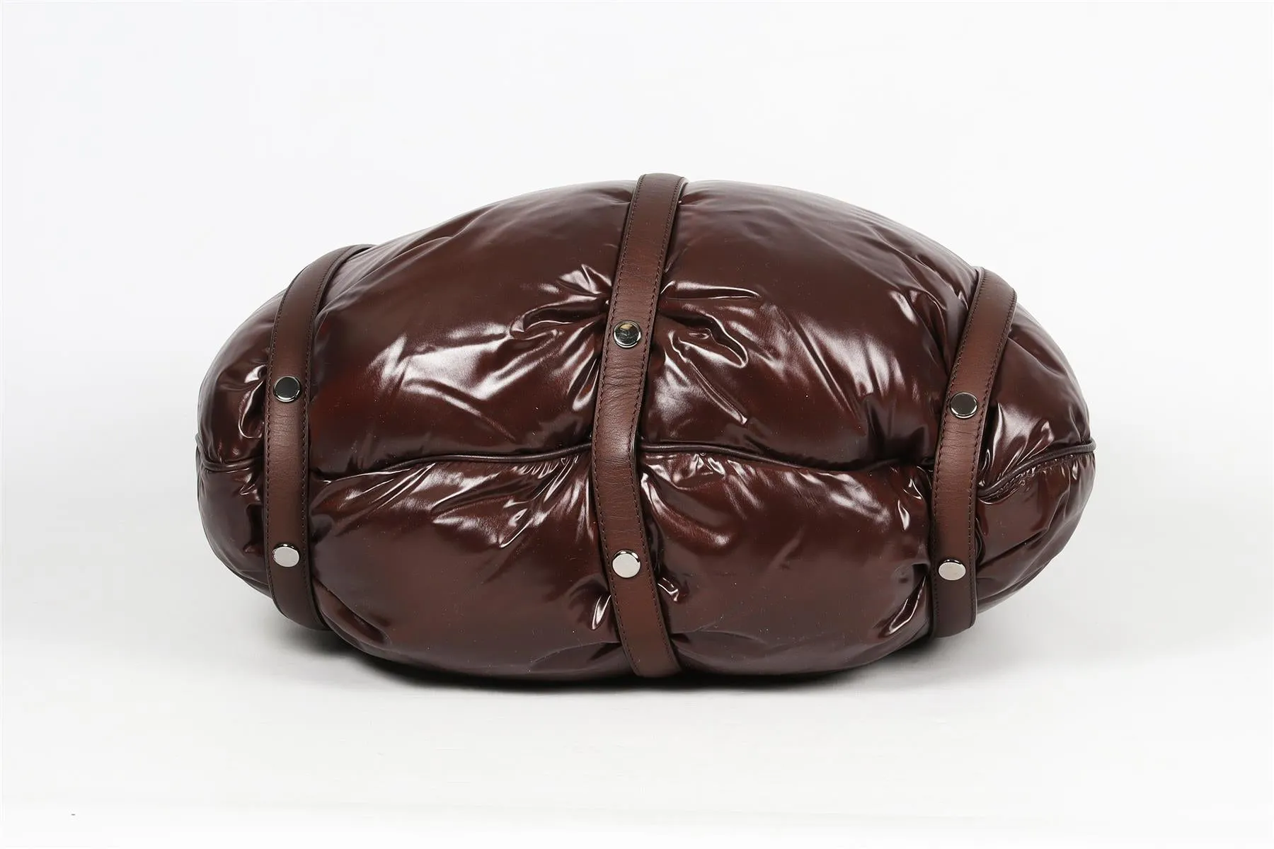 MONCLER BROWN LEATHER AND PADDED DOWN SHELL SHOULDER BAG