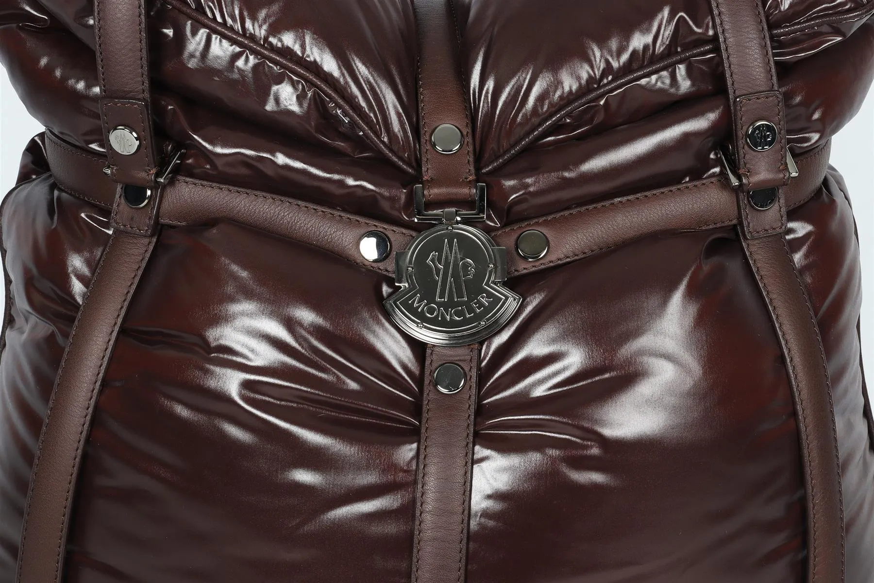 MONCLER BROWN LEATHER AND PADDED DOWN SHELL SHOULDER BAG