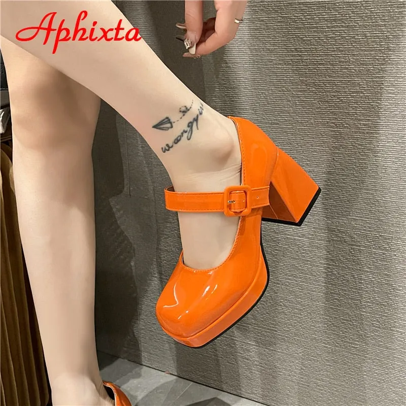 New Platform Square Toe Pumps Chunky Heels Buckle Pumps