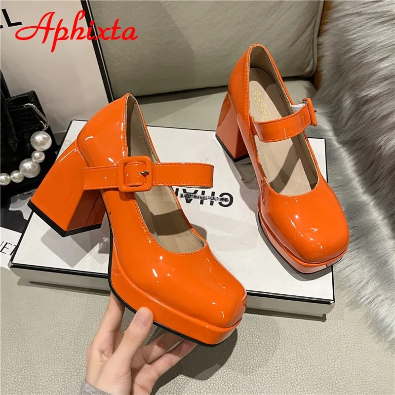 New Platform Square Toe Pumps Chunky Heels Buckle Pumps