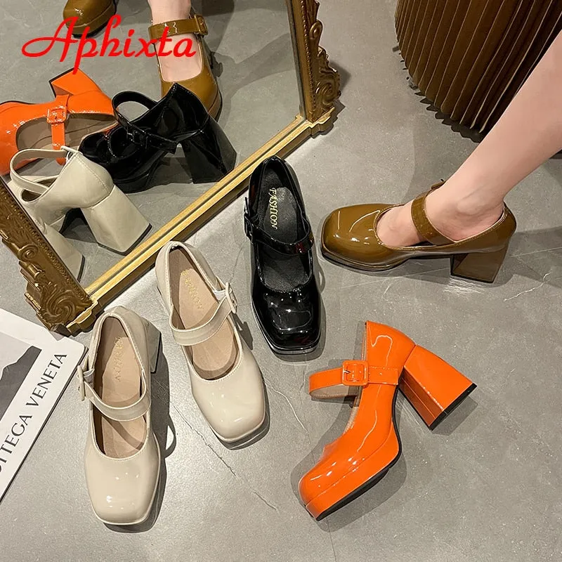 New Platform Square Toe Pumps Chunky Heels Buckle Pumps