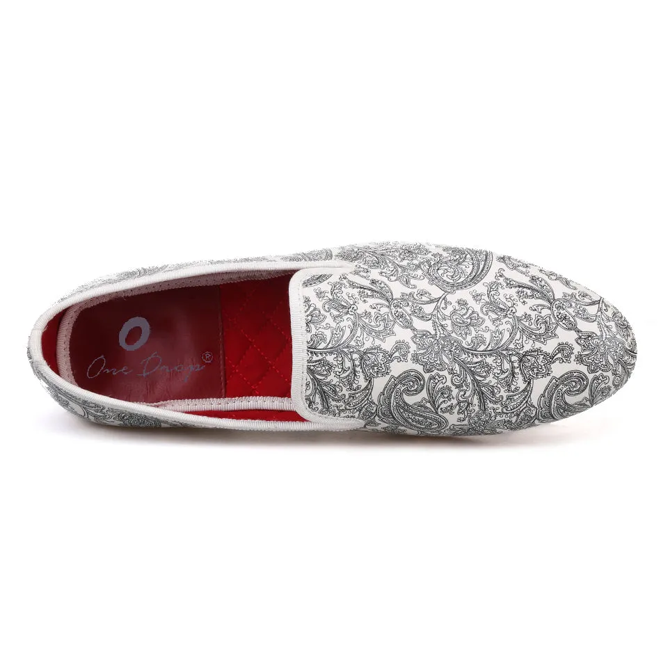 OneDrop Handmade Paisley Prints Men Dress Shoes White Slipper Wedding Party And Prom Loafers