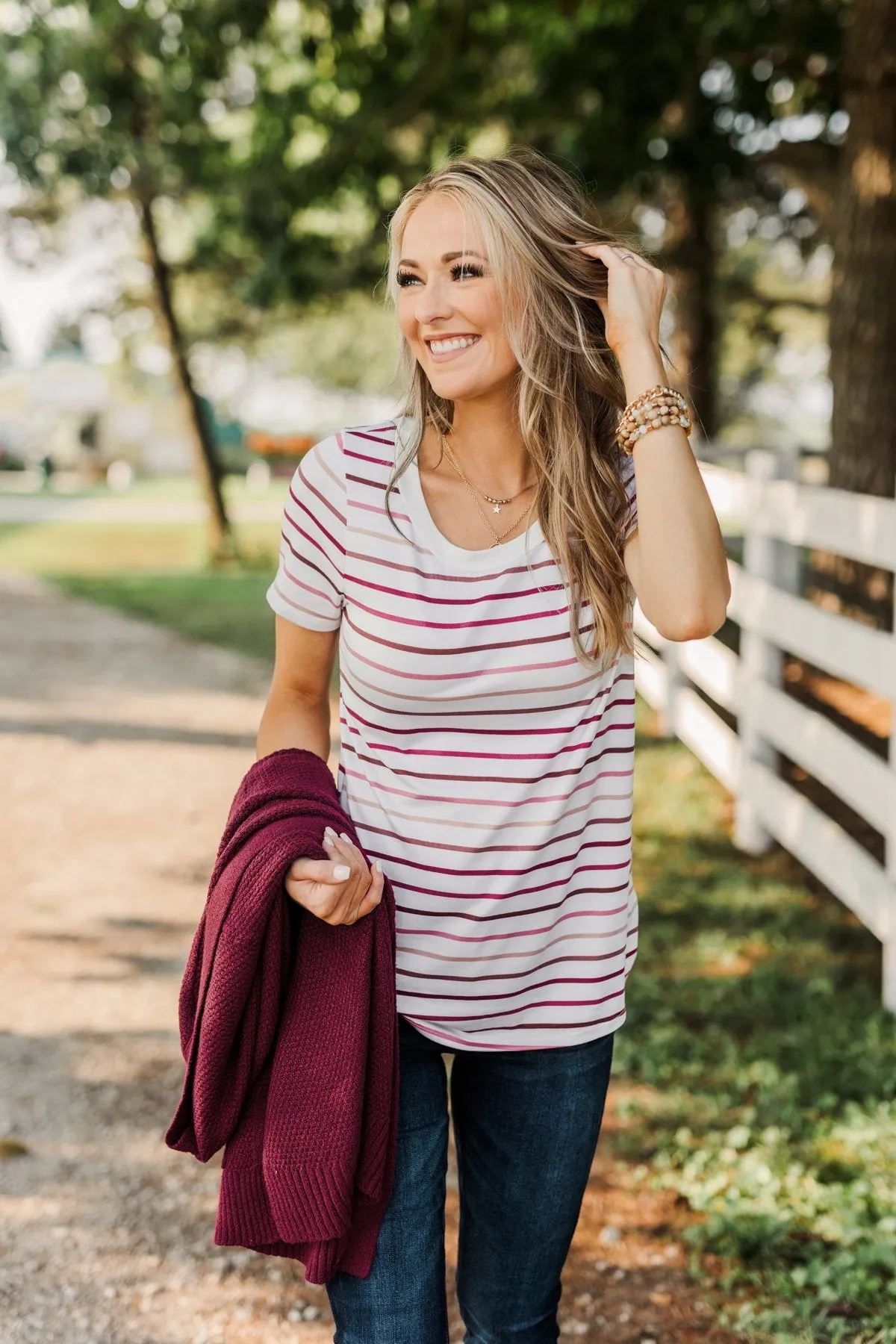 Shades Of Autumn Striped Top- Wine, Burgundy & Pink