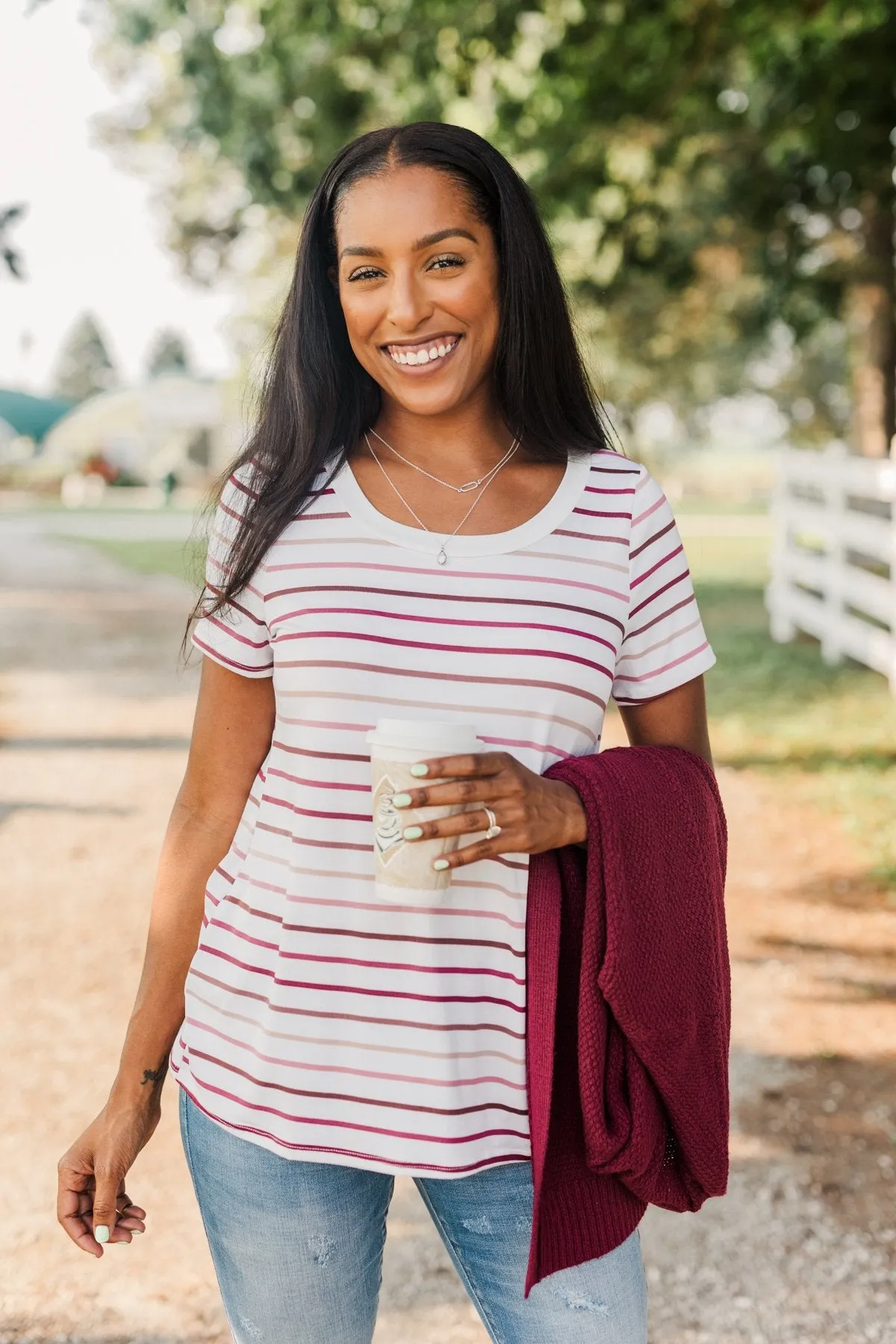 Shades Of Autumn Striped Top- Wine, Burgundy & Pink