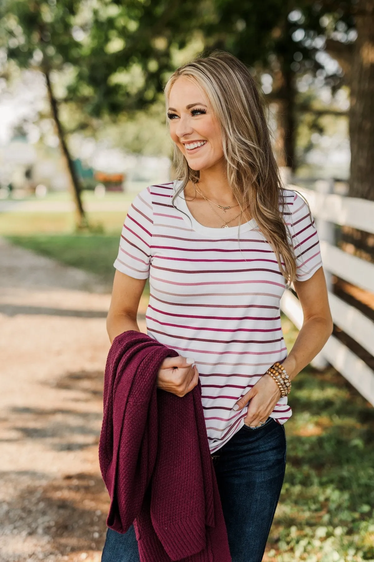 Shades Of Autumn Striped Top- Wine, Burgundy & Pink