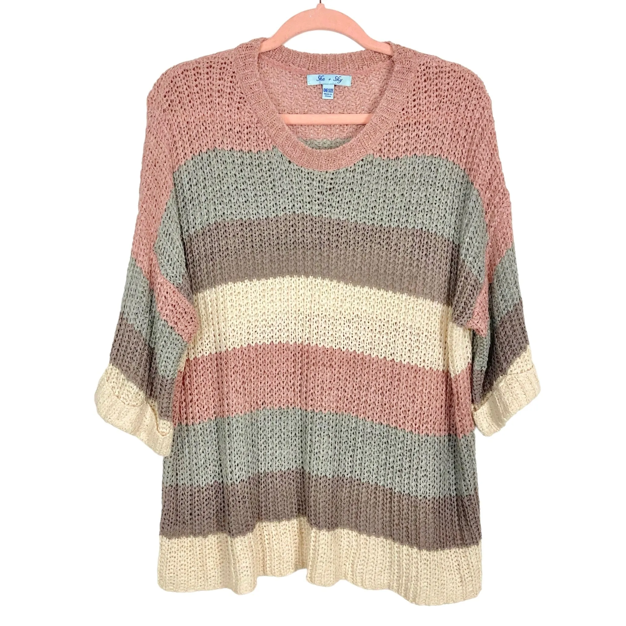 SHE + SKY BLUSH/SLATE/GRAY/CREAM COLOR BLOCK OPEN KNIT CUFF SLEEVE SWEATER- SIZE OS ( ONLINE)