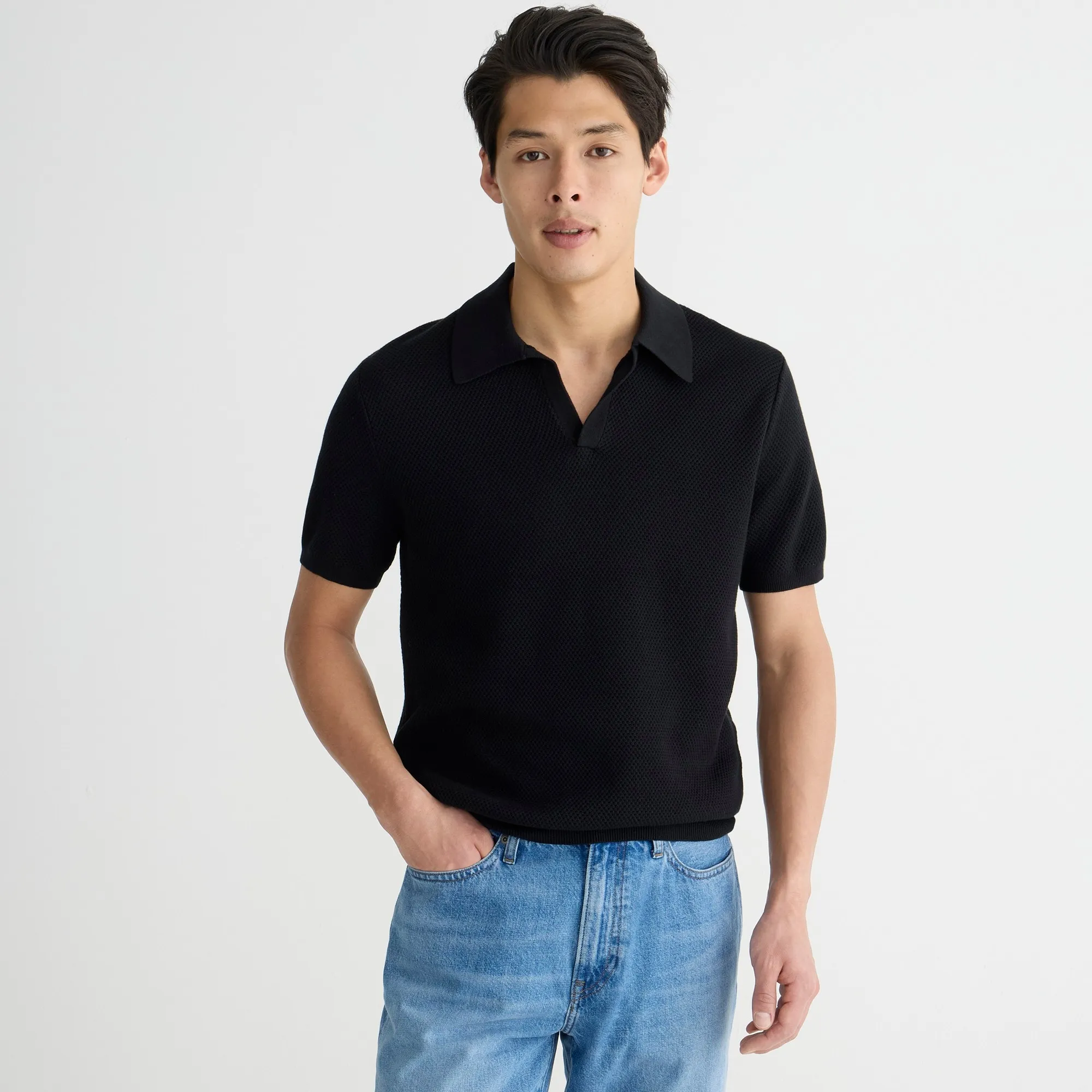 Short-sleeve cotton mesh-stitch johnny-collar sweater-polo