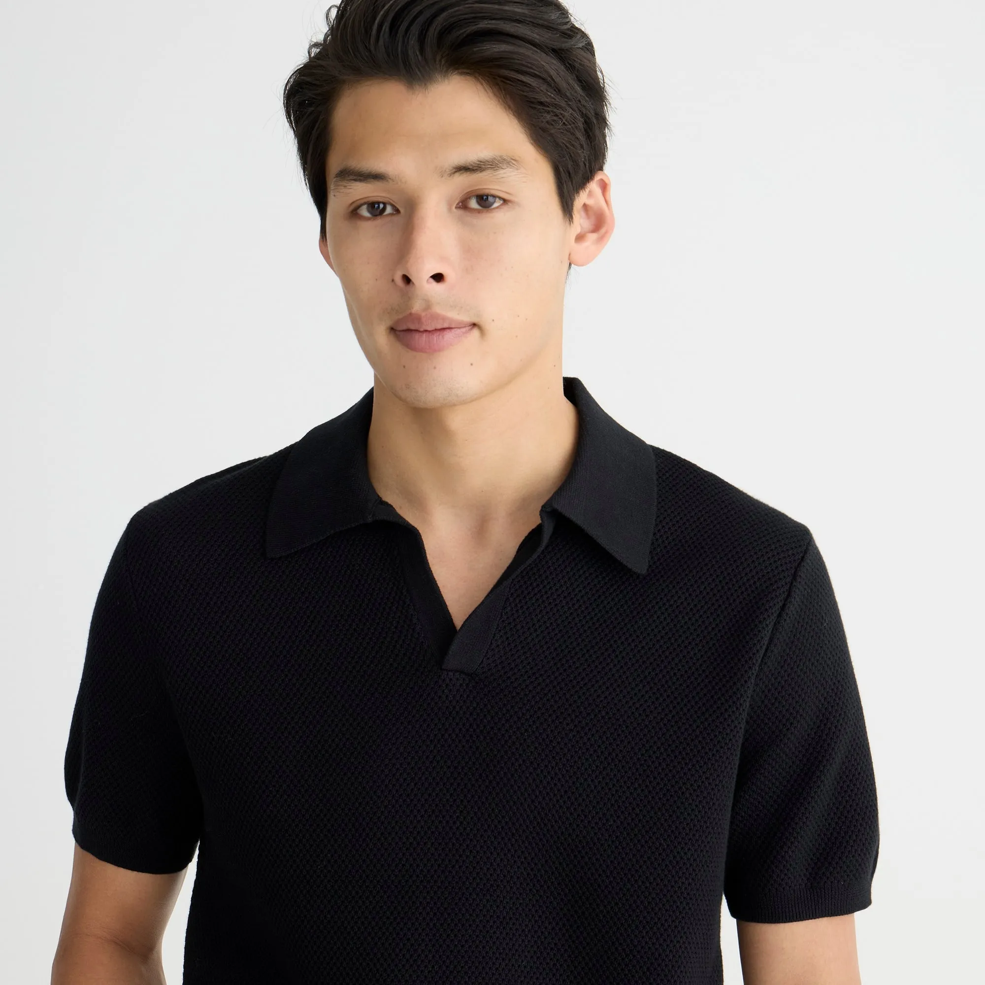 Short-sleeve cotton mesh-stitch johnny-collar sweater-polo