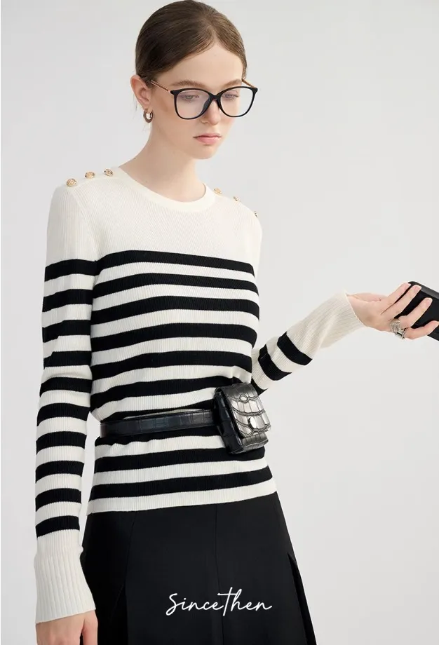 Since Then  |Stripes Wool U-Neck Long Sleeves V-neck & Crew neck