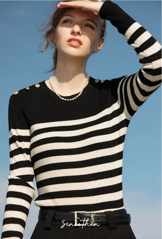 Since Then  |Stripes Wool U-Neck Long Sleeves V-neck & Crew neck