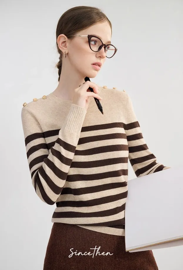 Since Then  |Stripes Wool U-Neck Long Sleeves V-neck & Crew neck