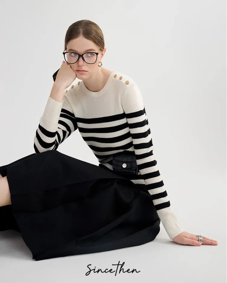 Since Then  |Stripes Wool U-Neck Long Sleeves V-neck & Crew neck